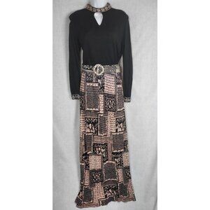 Antique 1970s Belted Long dress Size M/L Black & Beige Classic Vintage Dressy